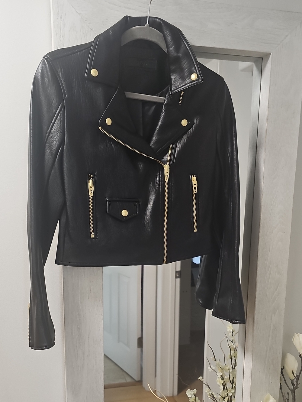 Blank NYC Black Leather Look Moto Jacket with Gold Hardware, XS, NWOT